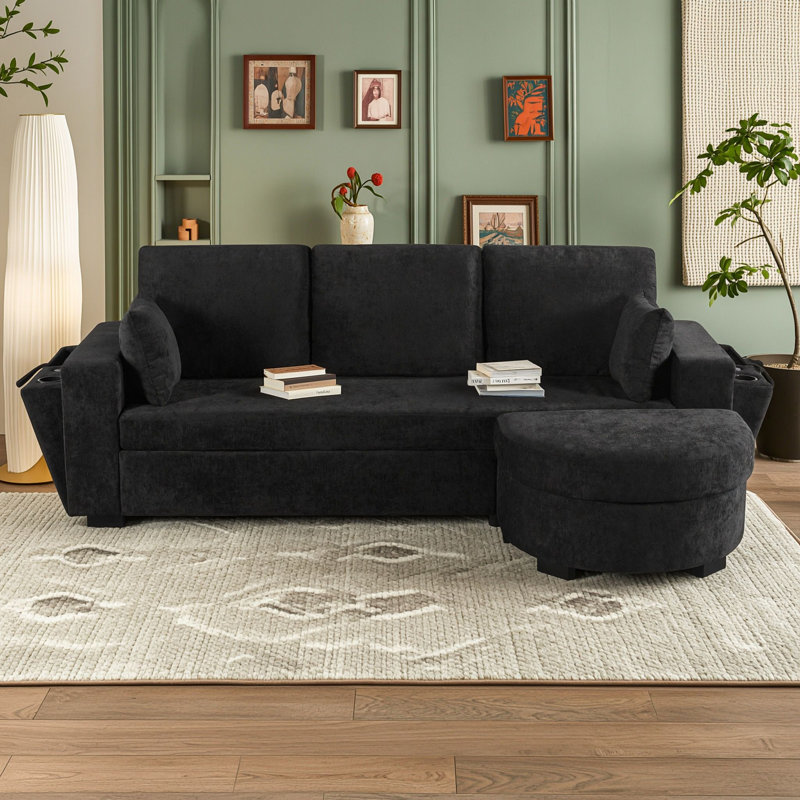 Canapé d'angle en L trois places avec pouf de rangement, port USB et porte-gobelets, Noir