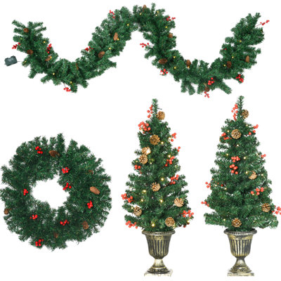 Christmas 4 Ornament With Pine : Led Lights, Red Berries, , 2 Entrance Trees Decor : Warm , Plants