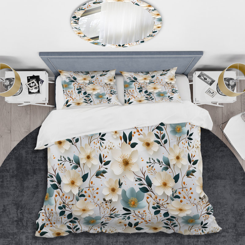 Ensemble de housse de couette White and Beige Minimalist Floral Bedding III