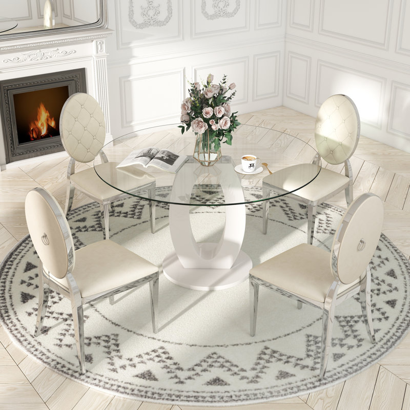 Modern Round Tempered Glass Pedestal Dining Set with Velvet Tufted Dininig Chair, White, Beige/Silver