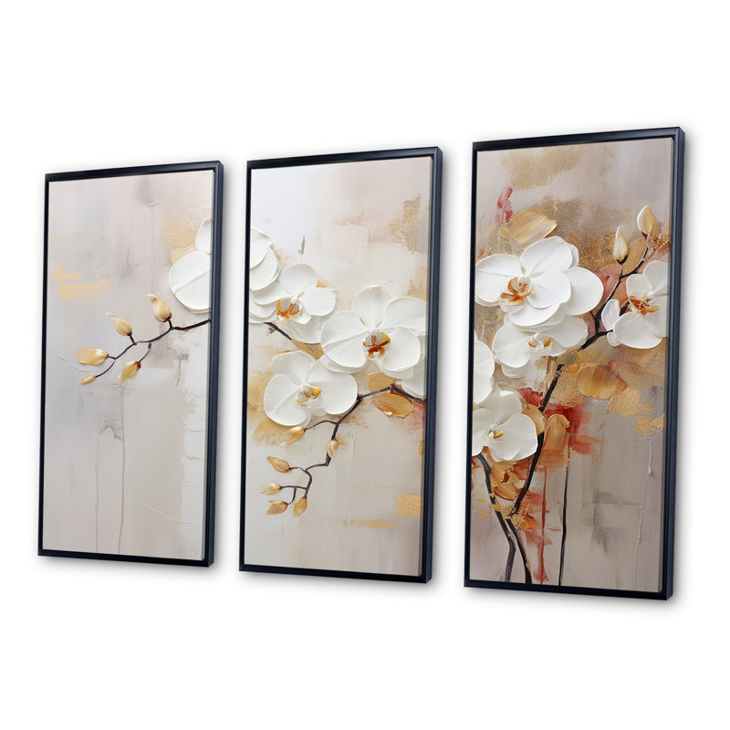 Minimalisme beige et orchidées II - ensemble d'art mural sur toile Orchidées, Cadre flottant noir, H 32 po x l 48 po x P 1 po