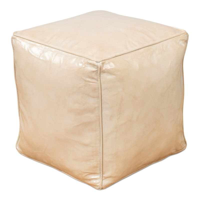 Square Ottoman, Beige Genuine Leather
