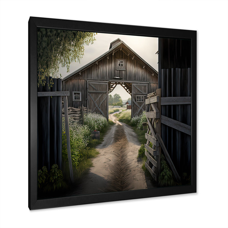 Pittoresque chemin sinueux et grange I - Barn Farm Ranch, impressions sur toile, Toile encadrée noire à coins fermés