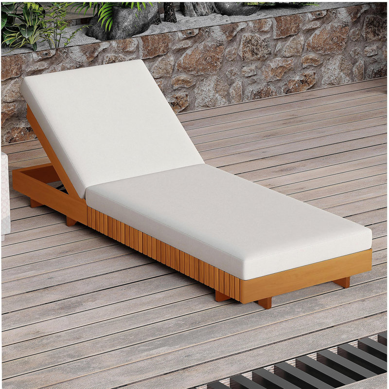 ENSEMBLE DE CHAISE LUNGE EN BOIS D'ACACIA AVEC COUSSIN LUNGE (crème) - version gris foncé assortie disponible, Naturel