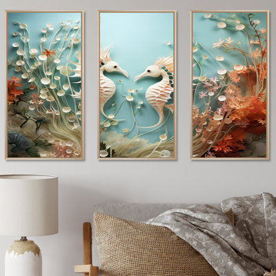 Watercolor Sea Dragons Dance Collage - Coastal Coral Under Water Canvas Wall Art Set