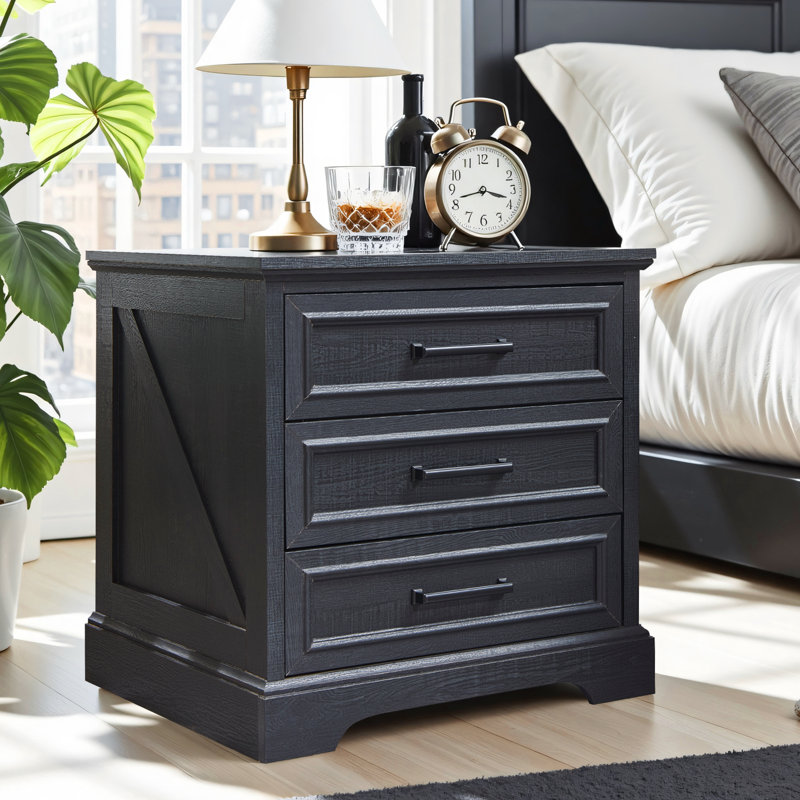 Farmhouse 22'' Wide  Nightstand With Charging Station, Rustic Wood End Table With 3 Large Drawers & Bar Handles, Black