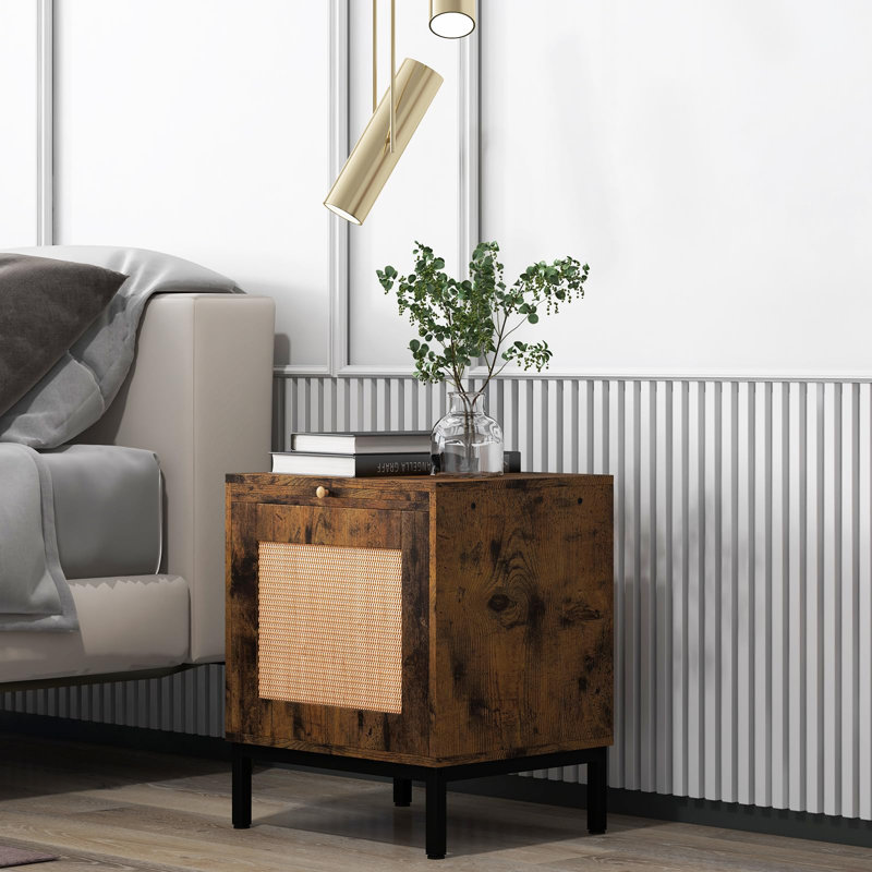 Table de bout en rotin, table de chevet en bois avec tablette de rangement, Brun, 2