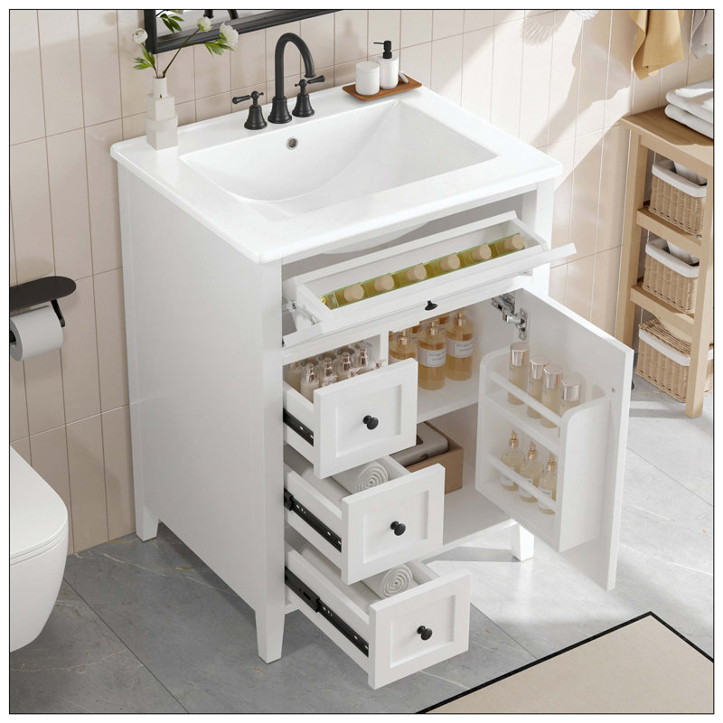 Armoire de salle de bain en bois d'hévéa avec 3 tiroirs et tablettes réglables, White