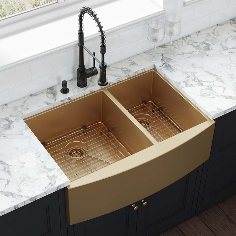Ruvati 33-inch Stainless Steel 60/40 Double Bowl Apron-Front Farmhouse Kitchen Sink, Gold
