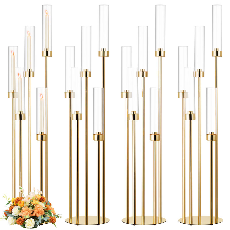 42.5In 5 Arm Gold Floor Candelabra, Tall Metal Candle Centerpieces for Tables with Acrylic Lampshade