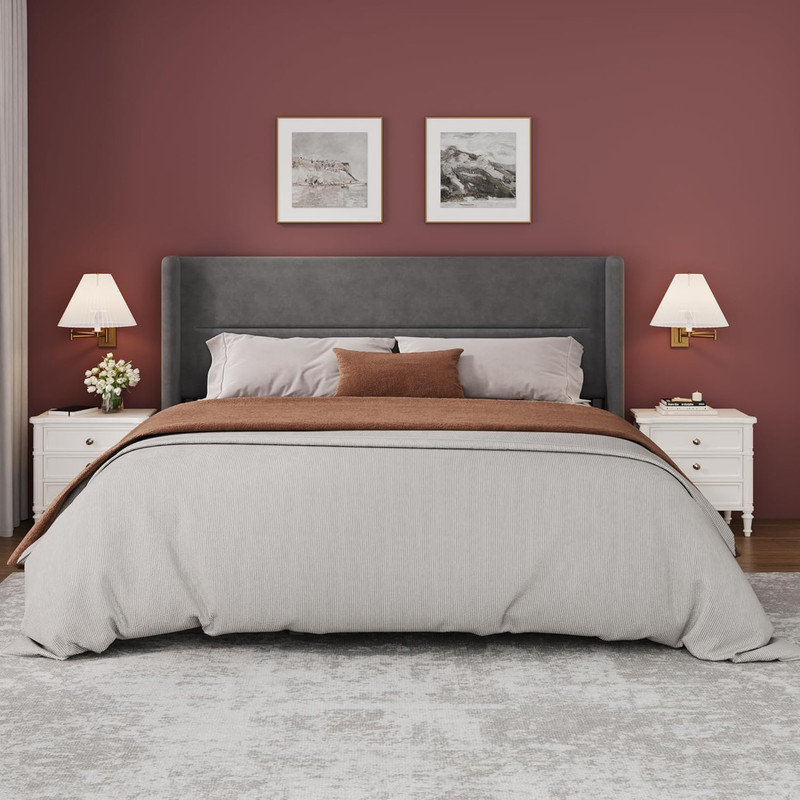 Velvet Upholstered Platform Bed Frame with Wingback Headboard & Wood Slats, 8" Under-Bed Storage, No Box Spring Needed for Bedroom