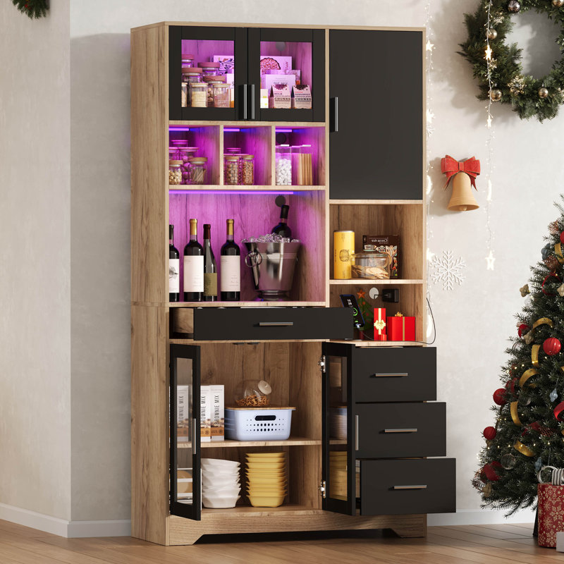Jaxenor Tall Kitchen Cabinet with Adjustable Shelves, LED Lighting & Power Outlet, Freestanding Pantry Cupboard with Drawers, Glass Doors & Open Storage for Kitchen, Dining Room & Home