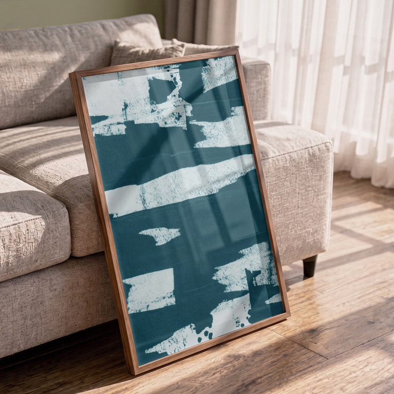 Teal Abstract Strokes by Cartissi — Abstract Wall Art, 24 × 36, Framed Print, Gold