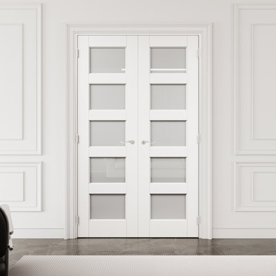 Porte française intérieure 36 po x 80 po en verre givré 5-Lite avec quincaillerie argentée et loquet et levier de porte, dalle de porte en verre trempé avec intimité, peignable et imperméable, combinaison pour la lessive, portes de placard, portes de pièce, assemblage requis