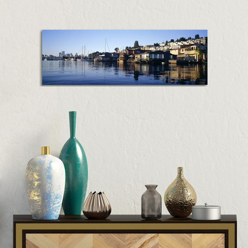 Houseboats in a Lake, Lake Union, Seattle, King County, Washington State, USA 1 Piece Wrapped Canvas Panoramic Wall Art