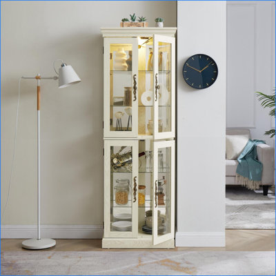 Armoire vitrée éclairée avec cadre en bois blanc antique, tablettes réglables, ampoule incluse | | Salon