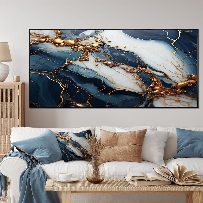 Encre de marbre dorée et bleue - Art mural en marbre, Cadre flottant noir, H 28 po x l 60 po x P 1,5 po