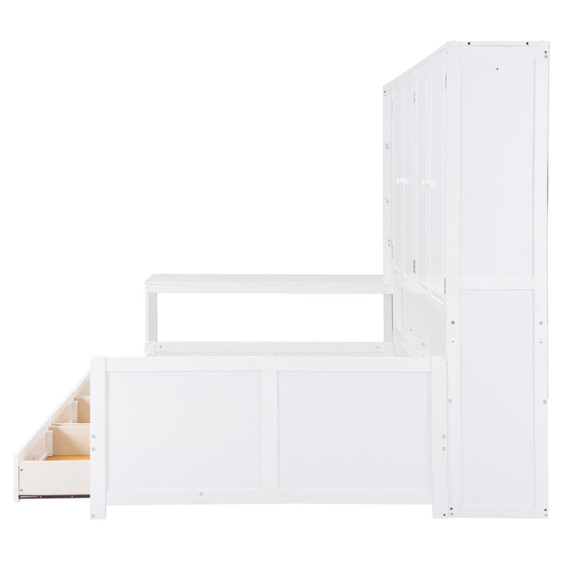 Lit de jour en bois pleine grandeur avec trois tiroirs et armoire tout-en-un, bureau et tablettes, blanc