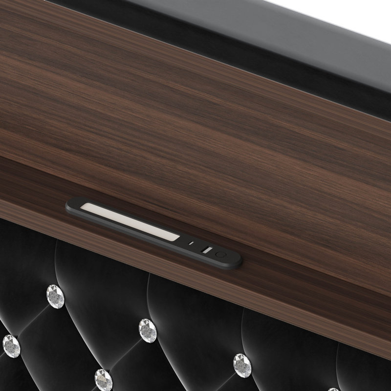Luxurious Velvet Bed With Storage Shelf And Usb Port, Modern Black Design