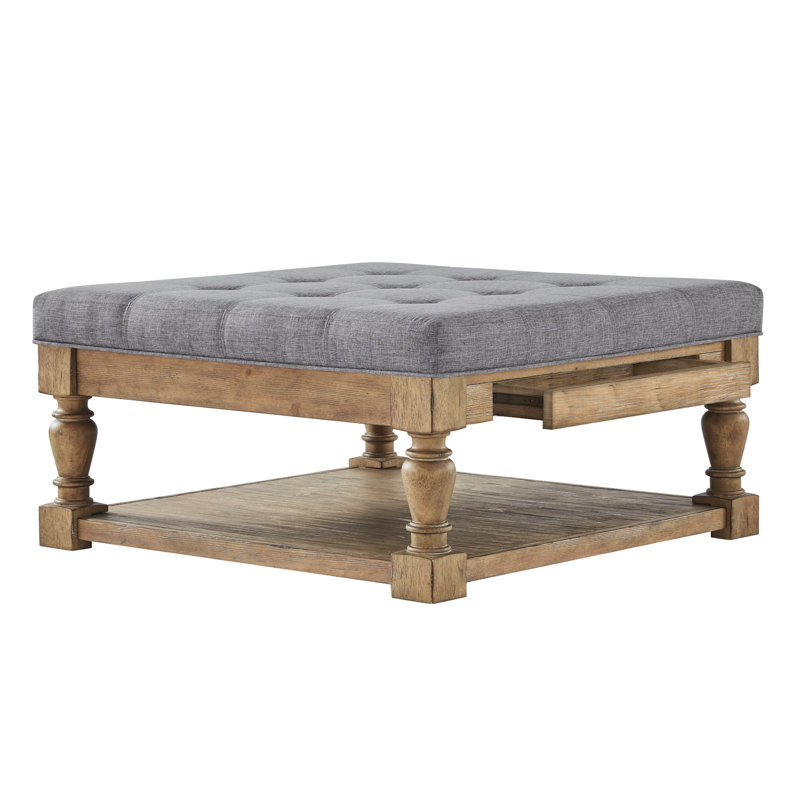 Arthuro Upholstered Ottoman, Pewter Gray Linen, Natural