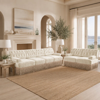 Ensemble de canapé surdimensionné beige 2 pièces Chesterfield, 1 canapé 2 places et 1 canapé 4 pièces capitonné en velours avec jupe à pampilles, meubles rembourrés en mousse haute densité pour le salon