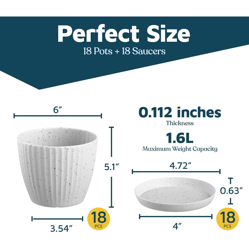 White Gray 6-Inch Plant Pots with Drainage & Saucers 18 Pack, Indoor & Outdoor Planters for Houseplants, Herbs, and Flowers, Durable & Weatherproof Material, Stackable, Lightweight, Minimalist Design