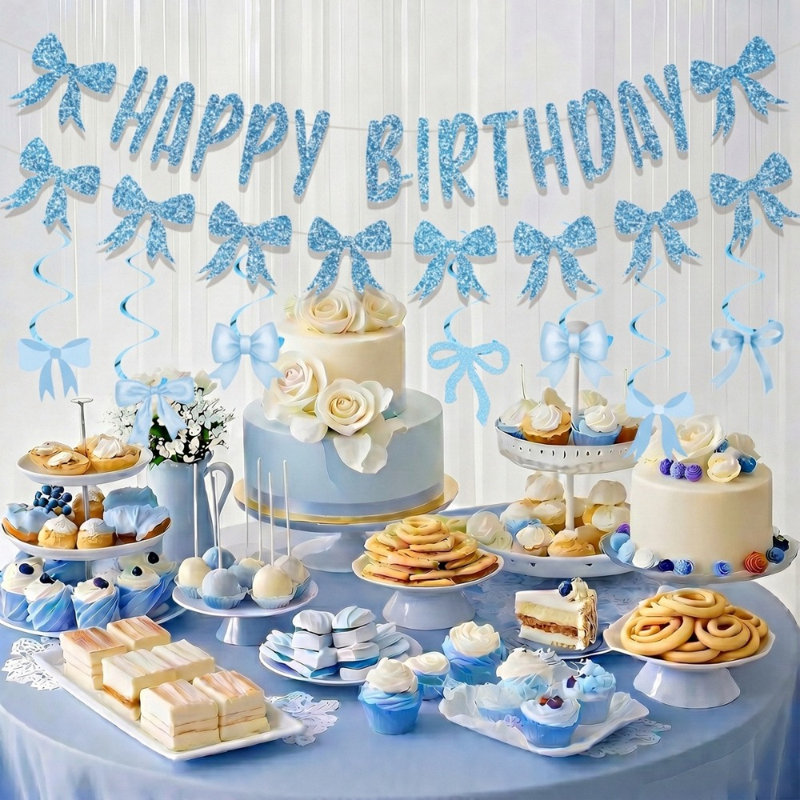 Bannière bleue et paillettes suspendues «Happy Birthday»