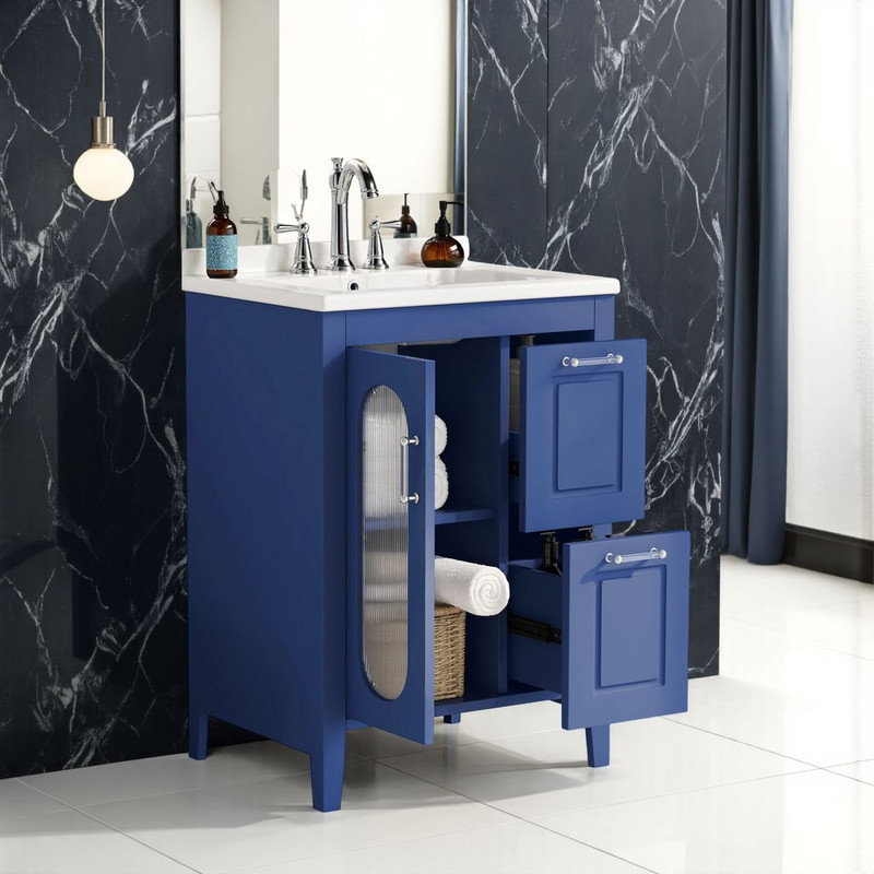 Meuble-lavabo 24 po avec lavabo en céramique, structure en bois massif, tablette réglable et 2 tiroirs, Bleu