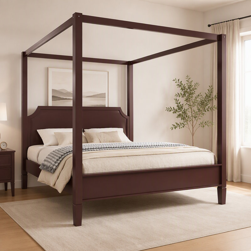 Lit plateforme à baldaquin en bois avec tête de lit et pieds de support, Très grand lit, Noyer