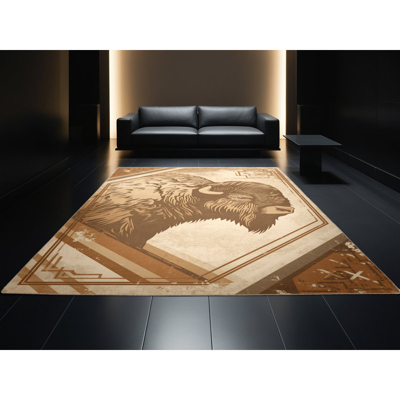 Tapis brun rustique et beige lavable à la machine Pavli Bison Buffalo, 6 X 9