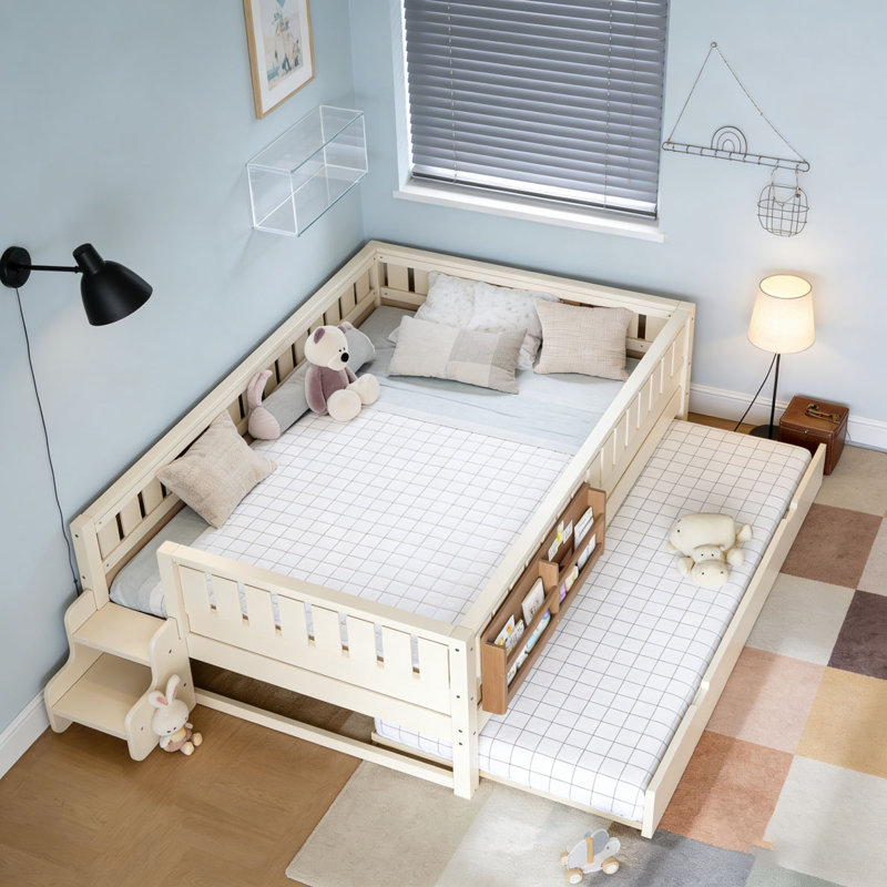 Bed with Built-in Bookshelves and Small Staircase, Double, Beige