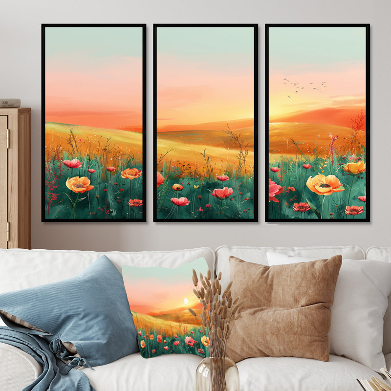 Flower Meadows At Sunset I - Ensemble de décorations murales fleurs, H 40 po x l 60 po x P 1 po