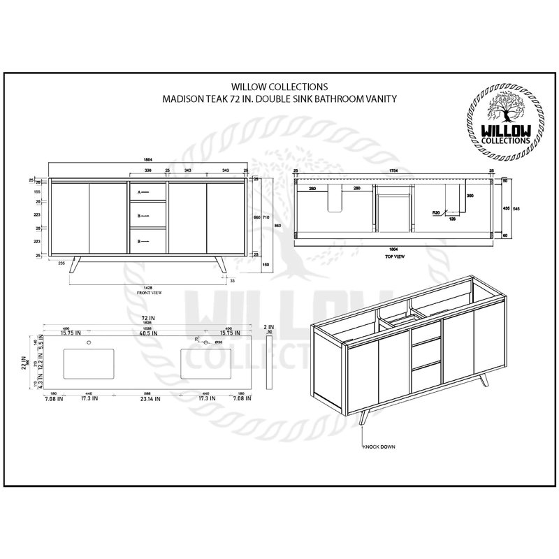 72'' Dark Natural Teak Double Bathroom Vanity with Calacatta Black Top