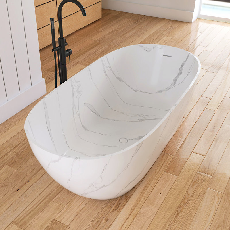 Forma 63" Marble Freestanding Tub Solid Surface Freestanding Soaking Bathtub, Marble White