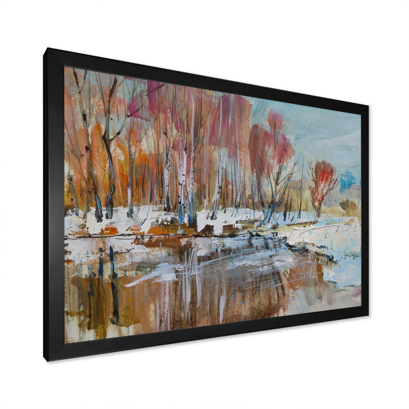 Forêt d'automne aux bouleaux III - Peinture sur toile, Cadre noir, H 8 po x l 12 po x P 1 po