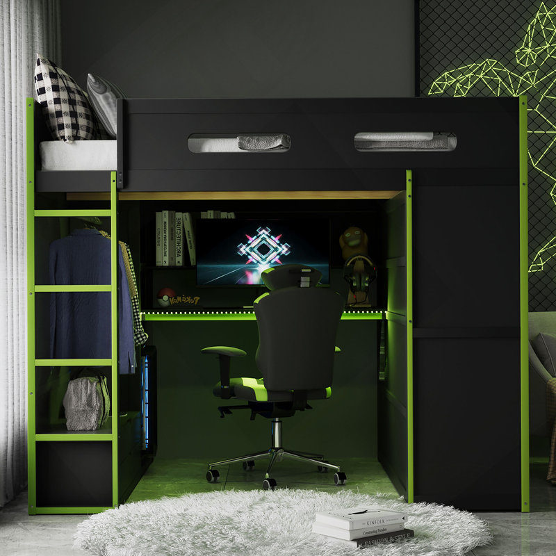 Full Size Kohlton Loft Bed With Desk,Wardrobe,Ample Storage Space,And Rgb Light, Cloud Blu, Green