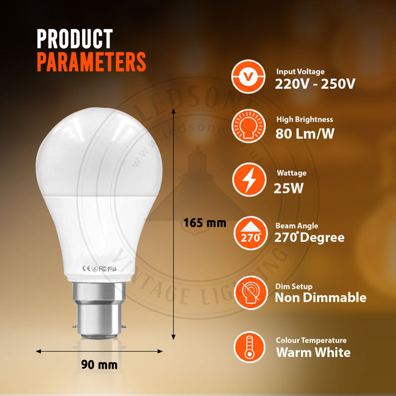 A60 LED B22 Bayonet Cap 5W Bulb, 25W