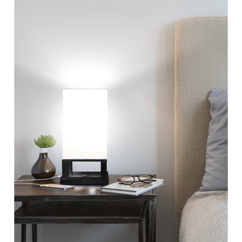Maxwell 14 in. Mid-Century Modern LED Bedside Table Lamp with Fabric Square Shade