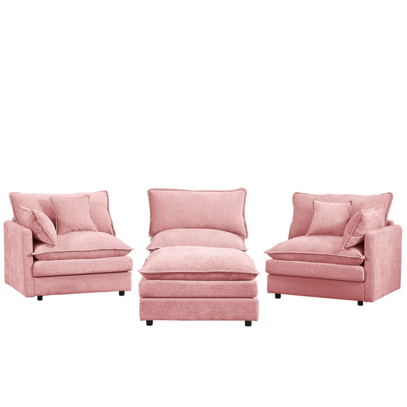 Modular Sectional Sofa, 102 Inch L Shaped Couch Set For Living Room, 3-Seater Comfy Cloud Couches With Movable Ottoman, DIY Combination, Chenille, Pink