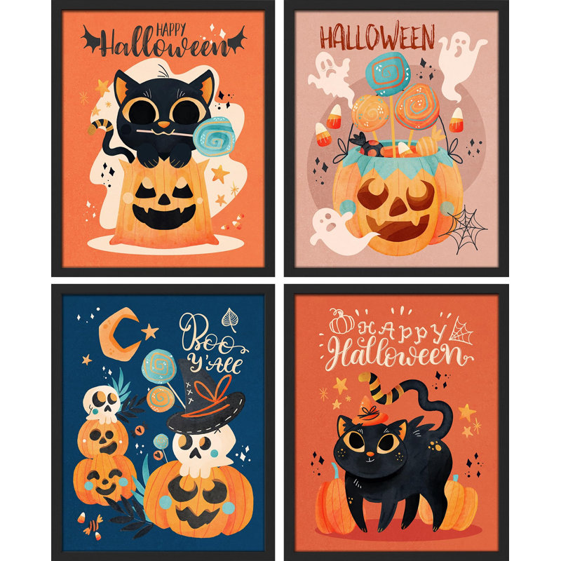 Halloween, Jack O 'Lantern, chat noir encadré sur papier, impression de 4 pièces, Naturel, H 16 po x l 12 po