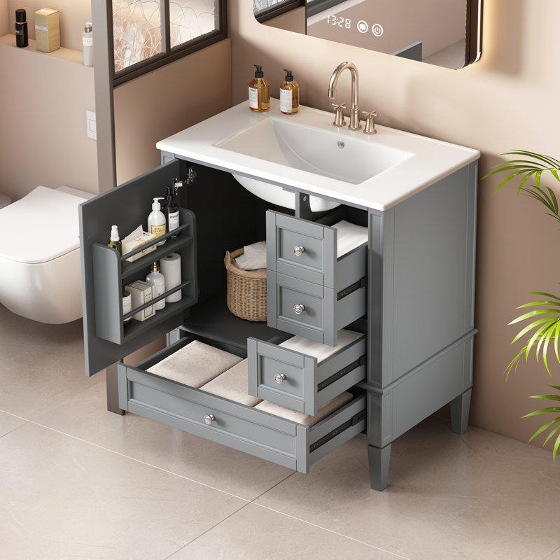 Meuble-lavabo 30 po avec lavabo en céramique, Argent argent, Gris
