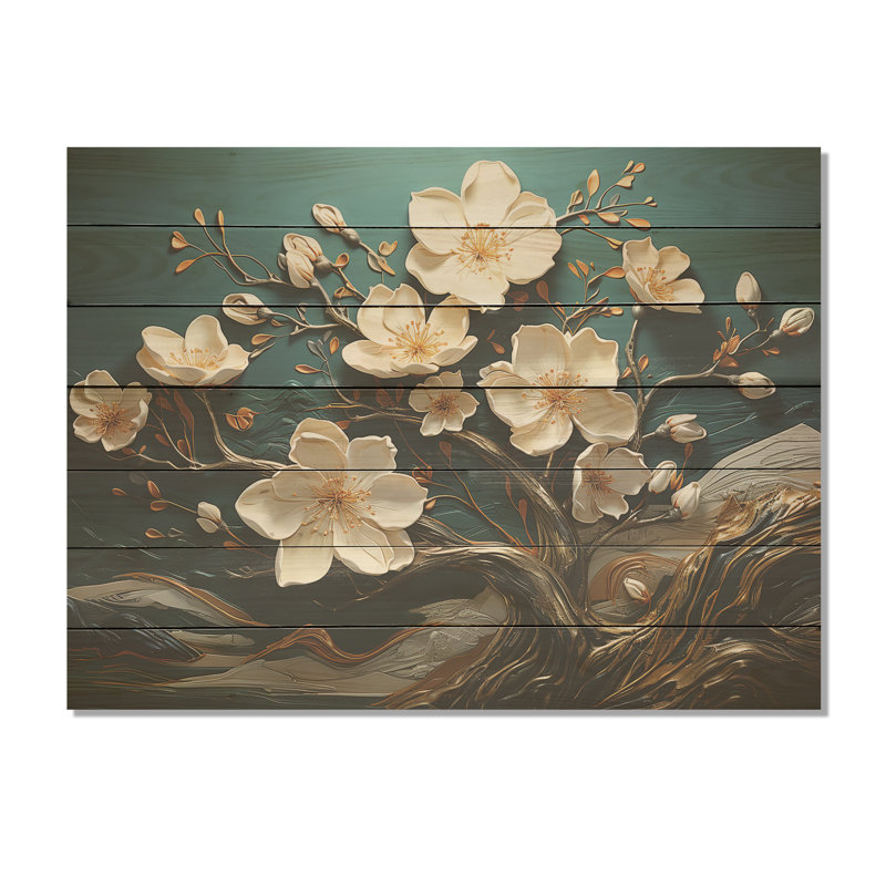 White And Gold Charming Spring Flower Elegance II - Flowers On Wood Print, 34" H x 44" W x 0.78" D