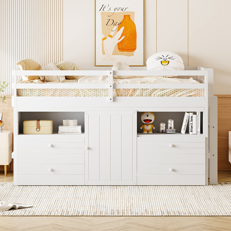 Jangro Kids Twin Loft Bed with Drawers, White
