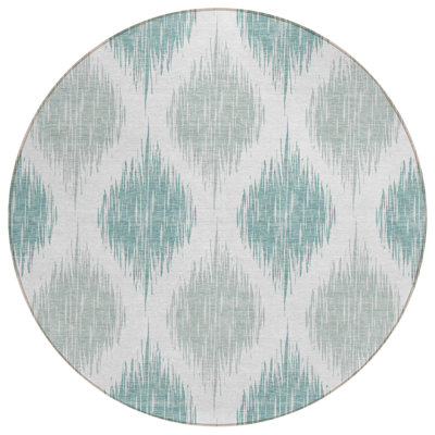 8' Aqua Teal Blue And Ivory Round Ikat Washable Indoor Outdoor Area Rug