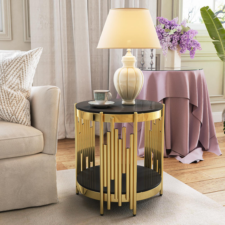 19.7" Wide 2-Tier Round Glass Top End Table Couch Side Table