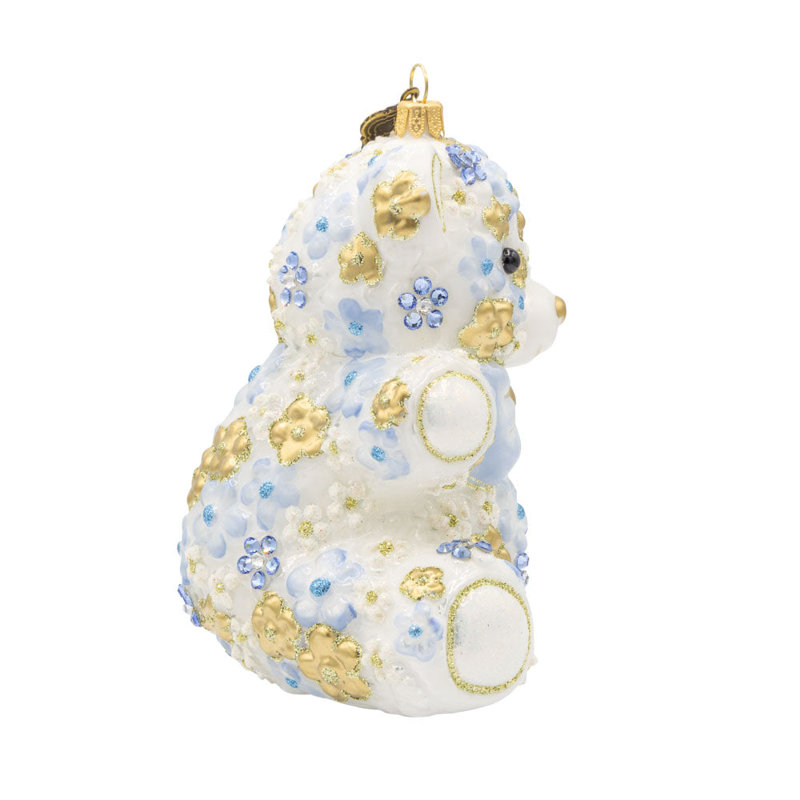 Ornement floral bleu en peluche, Blanc / or / bleu