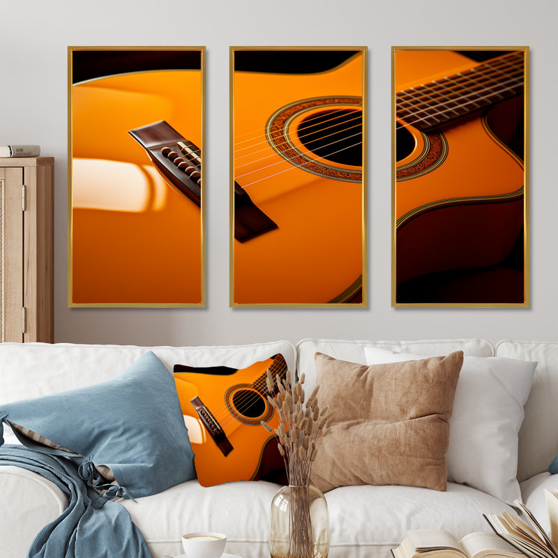 Magnifique guitare orange, ensemble d'art mural, Cadre flottant doré, H 40 po x l 60 po x P 1 po