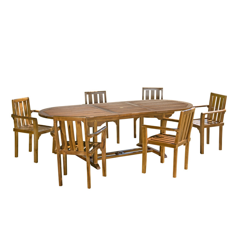 Legros Teak Wood Patio Dining Set with Extendable Oval Table, 75cm H x 180cm W x 100cm L