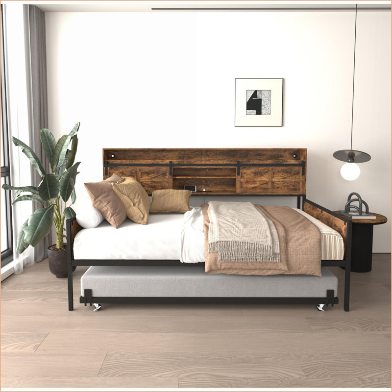 Daybeds Twin with Trundle, Farmhouse Sliding Barn Door Headboard, Charging Station &amp; LED Light, Walnut Brown for Bedroom Guest Room | MDF+Metal