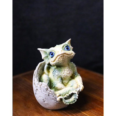 Adorable Green Baby Dragon Hatchling Cracking Out Of Egg Shell Figurine 4"H